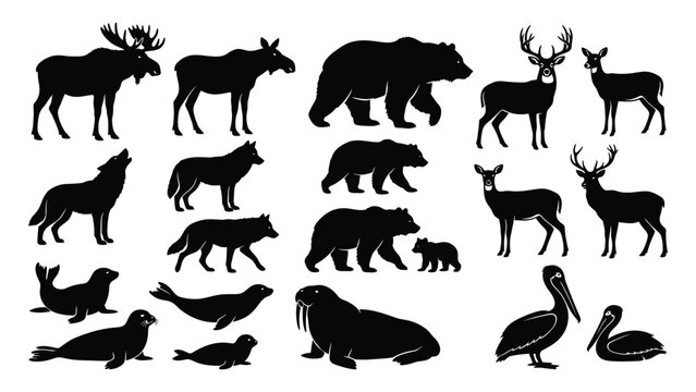 Wildlife collection displays various forest animal silhouettes including bears, deer, wolves, and seals arranged in a grid.