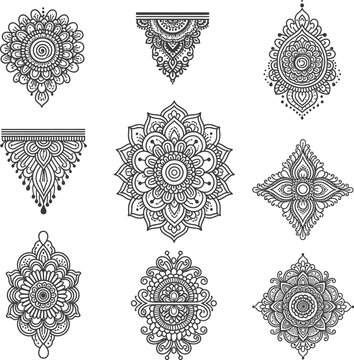 Collection of various decorative mandala and geometric henna patterns for artistic design and creative projects