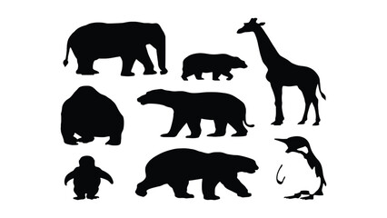 Animals including a giraffe, bear, and penguin appear as a collection of black silhouettes on a plain white background. © Sadee Girl