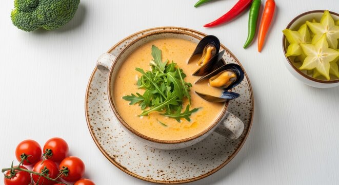 Creamy seafood soup with mussels and arugula in a ceramic bowl