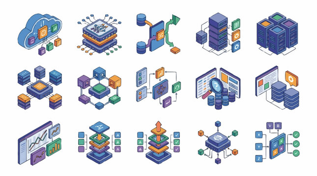 Collection of isometric icons representing data processing, cloud computing, and network infrastructure.