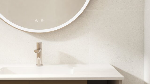 Modern, minimal bathroom vanity counter, white countertop, wooden cabinet and round smart mirror with LED light in sunlight for luxury beauty, cosmetic, skincare, toiletries product background 3D