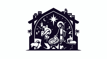 Obraz premium Traditional Nativity Scene with Baby Jesus Mary and Joseph in Stable.