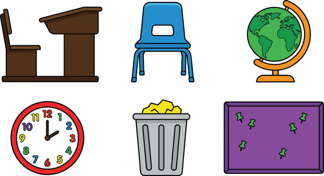 School Classroom Furniture and Supplies Vector Icon Set Featuring Student Desk Chair Globe Wall Clock Trash Can and Bulletin Board for Education Designs