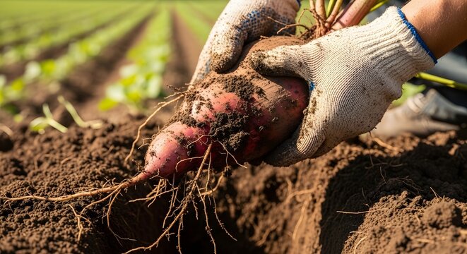 Farmers gloved hands harvesting fresh organic beets from rich soil in a sunny field.