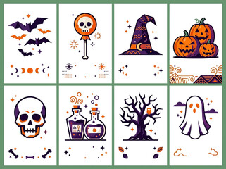 Obraz premium Halloween Vector Illustration Collection with Pumpkins, Bats, and Skulls