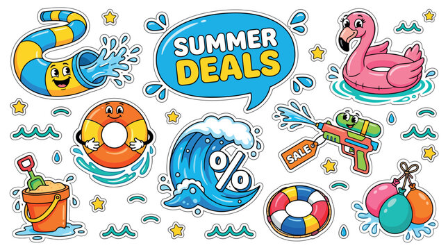 Summer Water Park Pool Deals Cartoon Sticker Set for Seasonal Sale Aquatic Fun and Beach Marketing