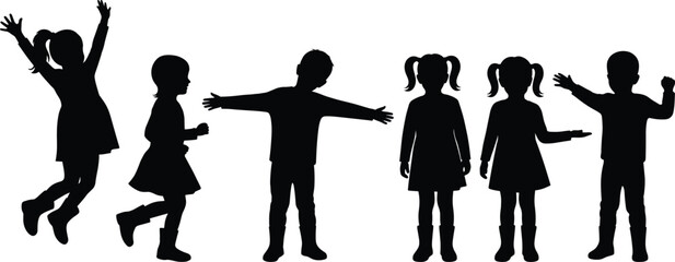 Silhouette collection of happy diverse children playing jumping and standing in a row isolated on white background