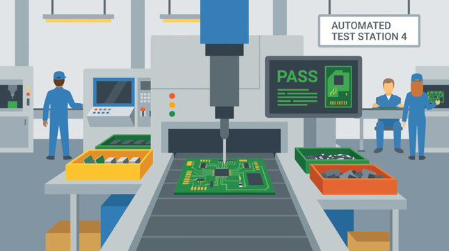 Automated Circuit Board Testing Station in Electronics Plant