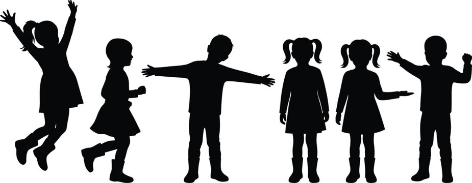 Silhouette collection of happy diverse children playing jumping and standing in a row isolated on white background