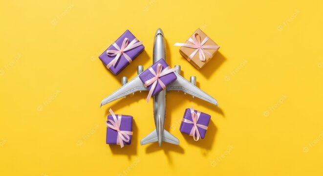 Top view of a silver toy airplane surrounded by small purple and brown gift boxes with pink ribbons on a bright yellow background