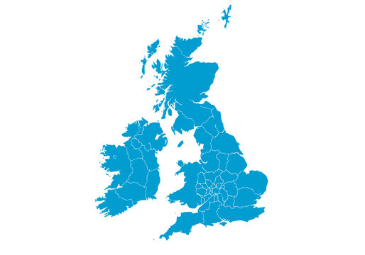 Blue United Kingdom and Ireland Map with Regional Borders
