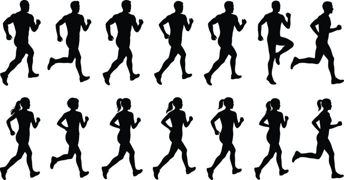 Vector set of male and female runner silhouettes showing running gait cycle and movement sequence on white background
