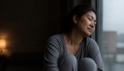 Fototapeta premium Thoughtful woman sitting indoors by window in soft natural light contemplation