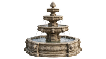 Fototapeta premium Grand stone three tier outdoor water fountain with lion head carvings isolated on transparent background.