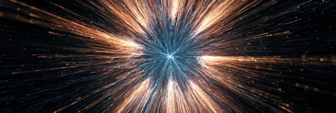 Luminous outputs branch from a cool blue core, illustrating the simultaneous production of creative assets within a dark space.