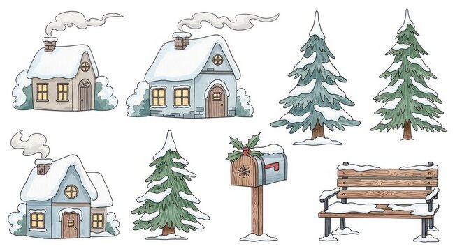 Snowy winter house in forest with Christmas trees and snowflakes holiday vector illustration with festive decoration and seasonal celebration scene