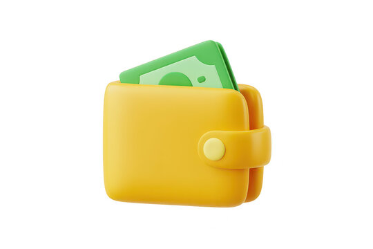 A3d rendered of a yellow leather wallet with a snap button closure, containing a single green paper banknote, isolated on black