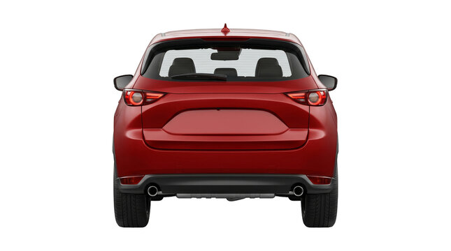 Red car from behind on a transparent background highlighting its sleek design and modern features.