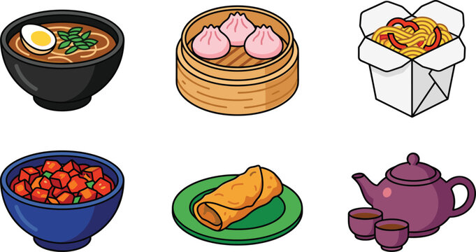 Asian and Chinese Food Vector Icon Set Featuring Ramen Dim Sum Noodles Spring Roll Mapo Tofu and Teapot for Restaurant Menus