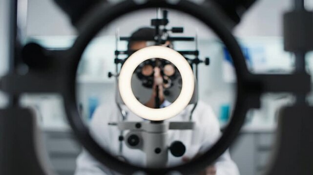 First-Person POV View of Eye Examination with Optical Instrument Featuring Soft Circular Light in Modern Optometrist's Office