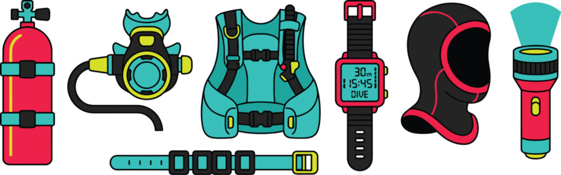 Scuba Diving and Deep Sea Underwater Exploration Equipment Icon Set with Oxygen Tank, Regulator, BCD Vest, Weight Belt, Dive Computer, Hood, and Flashlight Vector Illustration