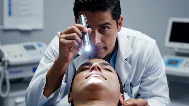 Focused Eye Examination in a Clinical Setting by an Eye Doctor Using a Penlight in Healthcare Environment