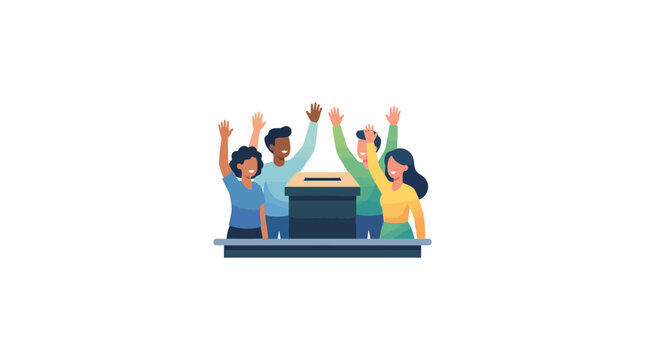 Diverse group of people raising hands at voting booth, election concept