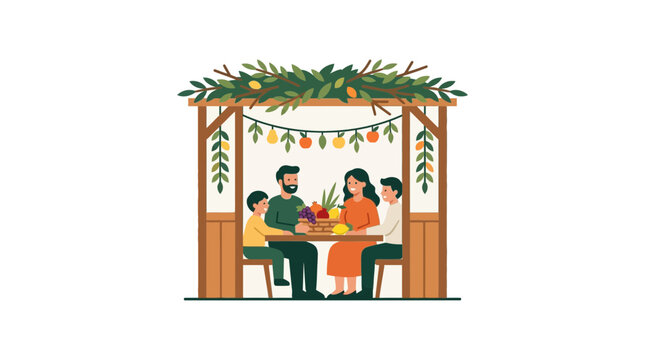 Family Celebrating Sukkot in a Decorated Sukkah
