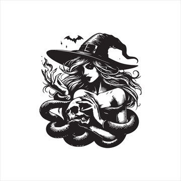 Black and white illustration of a witch wearing a hat holding a skull with a snake.