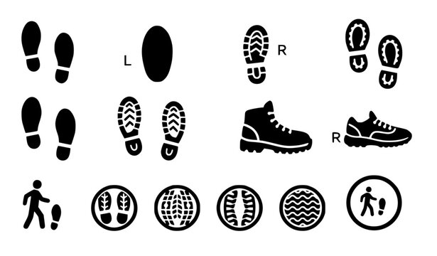 Shoe footprint icon vector set with walking track and sole print symbols
