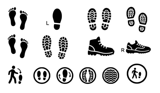 Footprint symbol vector collection with shoe sole and walking path icons