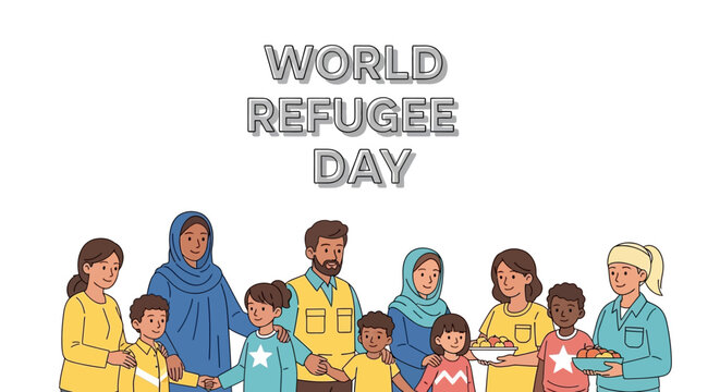Diverse group of people celebrating World Refugee Day with hope and unity, showing solidarity and support for displaced