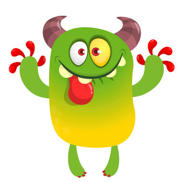 Cartoon cute and funny monster with scary face expression waving hands . Vector illustration isolated on white. For Halloween party decoration or package design
