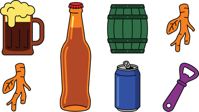 Craft Ginger Beer and Brewery Beverage Icon Set with Mug, Glass Bottle, Wooden Barrel, Ginger Root, Aluminum Can, and Opener Vector Illustration