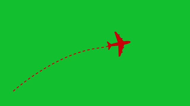 Flying airplane icon animation on Green background. Airplane line path animation, air plane flight route with start point, icon of air plane flight route