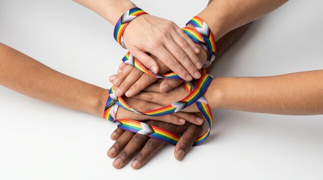 Studio conceptual photograph of diverse multicultural hands stacked together and bound by a rainbow Progress Pride ribbon on a white background, symbolizing LGBTQ unity, diversity, and corporate inclu