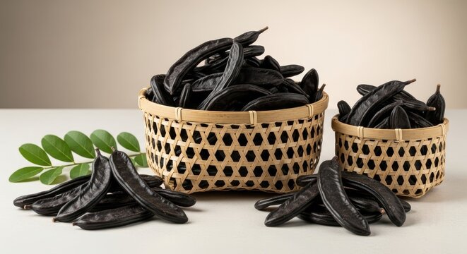 Carob pods in wicker baskets on a neutral background