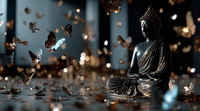 Meditation statue of Buddha surrounded by swirling metallic butterflies