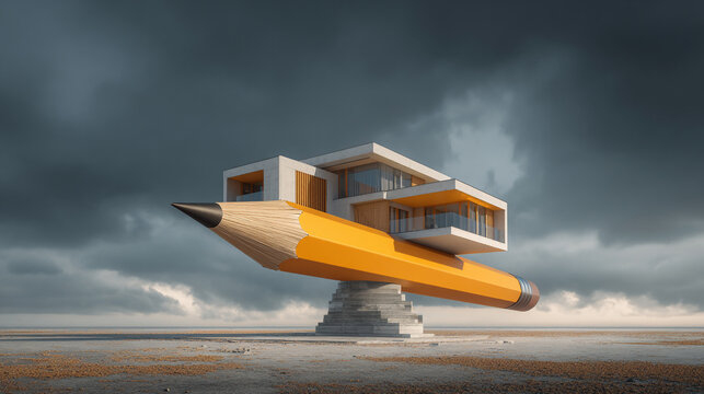 Surreal architectural concept of modern luxury house balanced on a giant yellow pencil tip under stormy sky