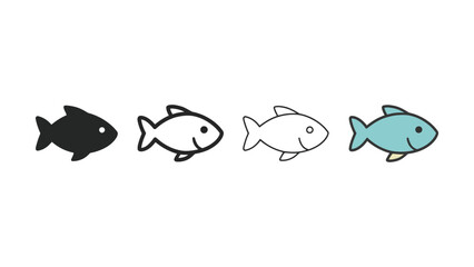 Fototapeta premium Four stylized fish icons in silhouette and outline variations with simple coloring Isolated on white background