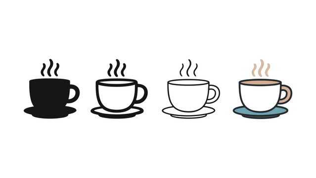 Hot beverage cup and saucer set with steam in various styles isolated on white background