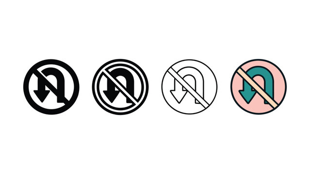 U-turn prohibition symbol in various styles with clear direction against movement isolated on white background
