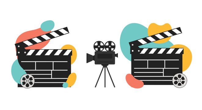 Movie production equipment including two black clapperboards and a vintage film camera on a tripod with abstract shapes.