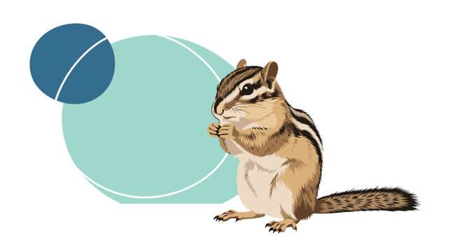 Detailed illustration of a small brown chipmunk standing on its hind legs with abstract blue circles in background.