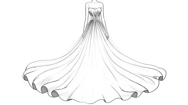 A beautiful elegant wedding dress sketch with a flowing train and Spring Flowers design.