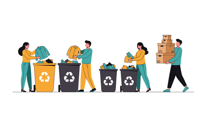 Group of people sorting and donating old clothes into large recycling bins marked with universal recycle symbols.
