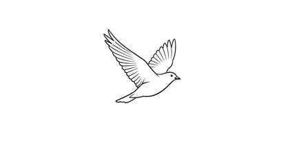 Naklejka premium Simple black and white line art drawing of a peaceful dove bird flying with its wings spread against white background.