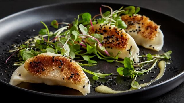 Close up of a person using a fork to eat fried dumplings with microgreens and black sesame seeds