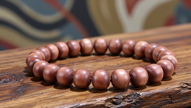 Close-up of Beaded Prayer Rosary on Wooden Surface with Soft Lighting